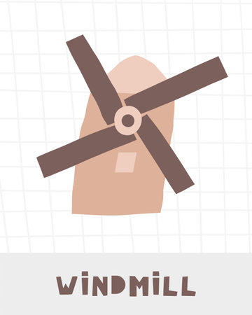 Learn farm objects flashcard. Learning English words for kids. Cute hand drawn doodle educational card with windmill. Preschool learning materialのイラスト素材