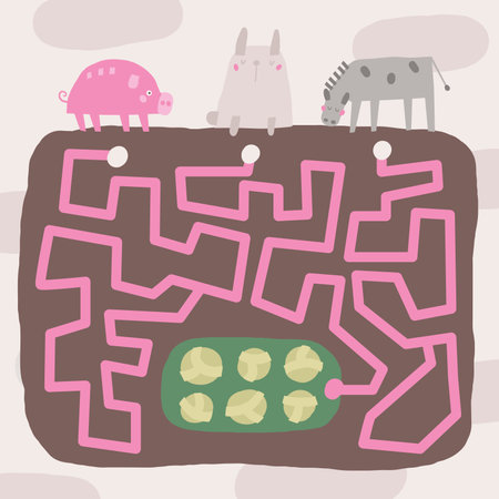 Cute farm doodle maze with pig, rabbit, donkey, bunny, cabbage. Village, countryside puzzle for kids, children. Funny cartoon style labyrinth with adorable charactersのイラスト素材