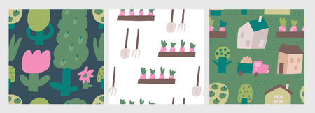 Cute farm, village, countryside theme seamless patterns set. Funny hand drawn doodle repeatable pattern with flower, plants, tree, houses, carrot. Rural life background with farm animalsのイラスト素材