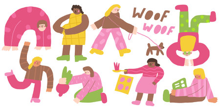 Women icons set. Cute hand drawn doodle isolated female lady. Dancing Girl, pregnant, cooking, working, planting, relaxing, walking with dog lady, doing yogaのイラスト素材