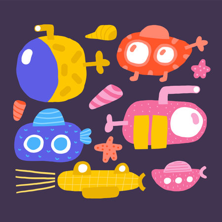 Cute underwater postcard with funny hand drawn doodle submarine, bathyscaphe, sub set. Sea, ocean bottom reef cover, template, banner, poster, print. Cartoon style background for kidsのイラスト素材