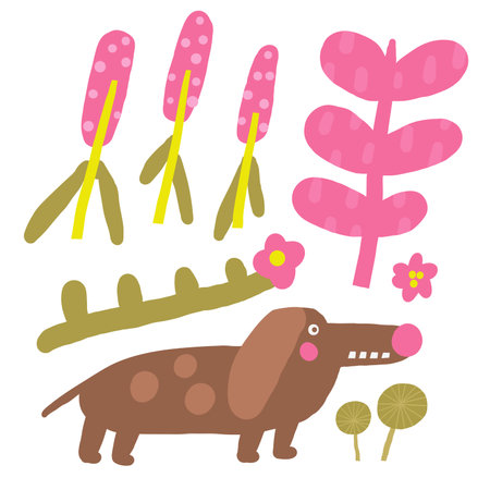 Cute morass, bog nature composition, postcard with funny hand drawn doodle plants, trees, nature elements, dog, dachshund. Wild pond, swamp nature t shirt print, cover, template, banner, poster print objectsのイラスト素材