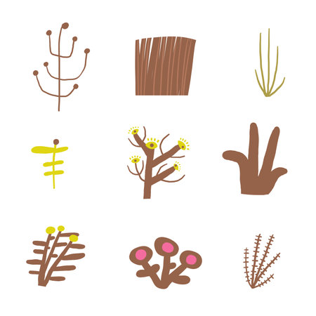 Cute morass, bog nature composition, postcard with funny hand drawn doodle plants, trees, nature elements. Wild pond, swamp nature t shirt print, cover, template, banner, poster print objectsのイラスト素材