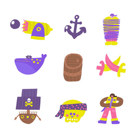 Cute pirate theme composition, postcard with funny hand drawn doodle cannon, anchor, trapped pirate character, swords, whale, barrel, skull, ship. Marine, nautical Caribbean bandit print, cover,のイラスト素材