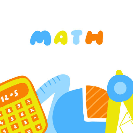 Cute science theme composition, banner with funny hand drawn doodle calculator, abacus, compass, ruler, angle ruler, diagram. Science, math, mathematics, technology background cover, backgroundのイラスト素材