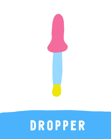 Learn science objects flashcard. Learning words for kids. Cute hand drawn doodle educational card with liquid dropper. Preschool science learning materialのイラスト素材