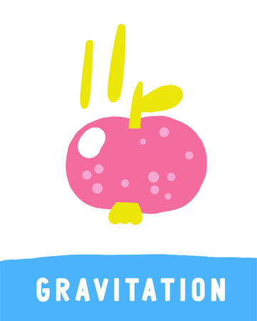 Learn science objects flashcard. Learning words for kids. Cute hand drawn doodle educational card with falling apple, Newton gravity law. Preschool science learning materialのイラスト素材
