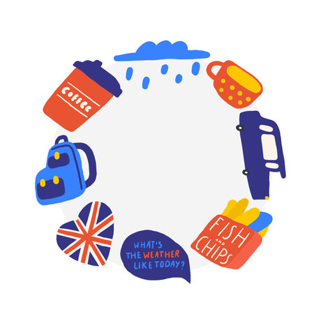 Cute England, English, Great Britain, United Kingdom theme composition, banner, wreath with funny hand drawn doodle rain cloud, taxi, cab, flag, fish and chips, coffee, backpack, car. British objects backgroundのイラスト素材