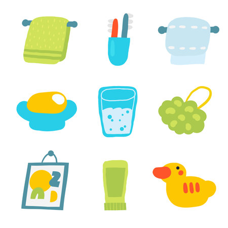 Bathroom interior objects set. Cute hand drawn doodle house furniture inside items, towel, hanger, paper toilet, tooth brush, soap, glass of water, bath cloth, rubber duck. Modern restroom elementsのイラスト素材