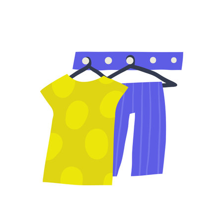 Wardrobe room interior object. Cute hand drawn doodle clothes holder, dress, trousers, fashion clothing, hanger, casual cloth. Modern flat apartment elementsのイラスト素材