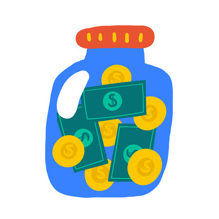 Money, finance, payment sign, icon, composition. Cute hand drawn doodle market, earning, deposit, currency, payment illustration with glass jar, coins, dollars. financial business backgroundのイラスト素材