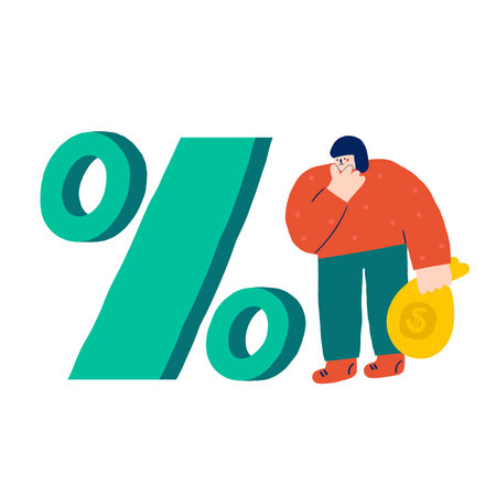 Money, finance, payment sign, icon, composition. Cute hand drawn doodle market, earning, deposit, currency, payment illustration with woman, money bag, percentage. financial business backgroundのイラスト素材