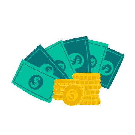 Money, finance, payment sign, icon, composition. Cute hand drawn doodle market, earning, deposit, currency, payment illustration with pile, stack of American dollars, coins. financial business backgroundのイラスト素材