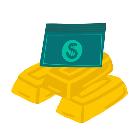 Money, finance, payment sign, icon, composition. Cute hand drawn doodle market, earning, deposit, currency, payment illustration with pile, stack of American dollars, golden jar. financial business backgroundのイラスト素材