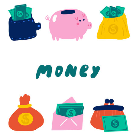 Cute hand drawn doodle money banner, border with wallet, envelope, dollars, pig bank, money bag. Business, investment, financial, economy, payment background, illustration with objectsのイラスト素材