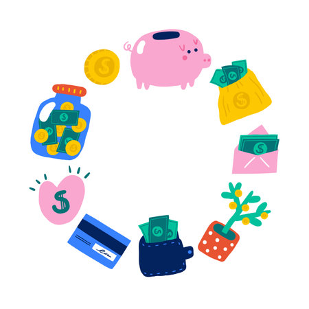 Cute hand drawn doodle money frame, wreath with coin, dollar, wallet, pig bank, envelope, bag, money tree, jar bank. Business, investment, financial, economy, payment background, illustrationのイラスト素材