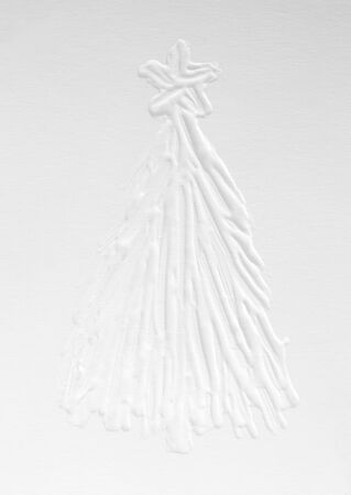 White snowy 3 d Christmas tree on a gray background, New Year mood in December. Template for a greeting card, ink drawing on paper, handmade.の写真素材