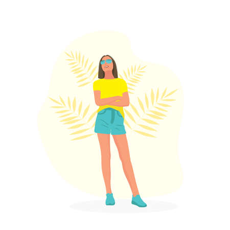 Girl dreams of summer, modern clothes for the seaside. A woman with glasses stands and thinks about...