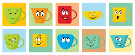 Set of cups with a face and a smile for coffee and tea, vector drawing in cartoon style. Icons for web screensavers.のイラスト素材