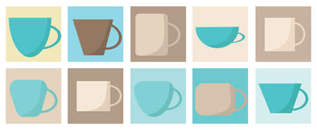 Set of cups for coffee and tea, vector drawing in cartoon style. Icons for web screensavers.のイラスト素材