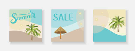 Blue and brown background for beach composition, texture of sea and beach waves. Lettering words summer, template for postcard design, ocean vacations.のイラスト素材