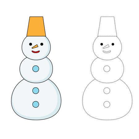 Snowman - children's coloring in black and white and color. Vector flat cartoon for winter holiday.のイラスト素材