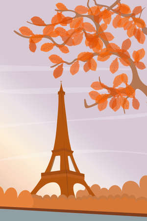 Eiffel Tower in Paris on a background of autumn yellow and red leaves. Urban European landscape in flat cartoon vector.のイラスト素材