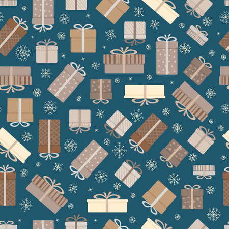 Set of gift boxes in craft packaging for New Year or Birthday, seamless flat cartoon vector drawing. Gifts in brown modern trendy colors, surprise for Valentine's Day.のイラスト素材