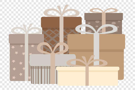 A set of gift boxes in craft packaging for the New Year or Birthday. Gifts in brown modern trendy...