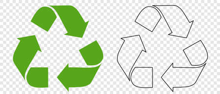 The Universal Recycling Symbol, an international symbol used on packaging to remind people to throw it in the bin. Icon isolated on transparent background, children's coloring template with contour liのイラスト素材