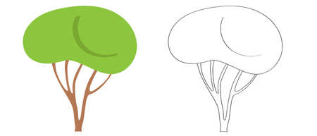 Tree with green leaves, flat vector cartoon illustration. Template for creating landscape summer design solutions, doodle contour drawing for children's coloring.のイラスト素材