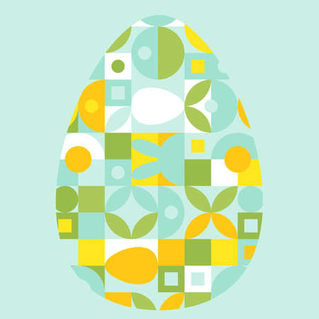 Mosaic with geometric shapes in the style of a Scandinavian pattern, colorful trend background with eggs for a postcard for Easter. Minimalistic cover template with circles and squares texture.のイラスト素材