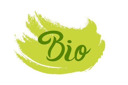 Bio, poster, logo written on watercolor green background illustration. Natural product eco symbol icon, hand drawn lettering.のイラスト素材