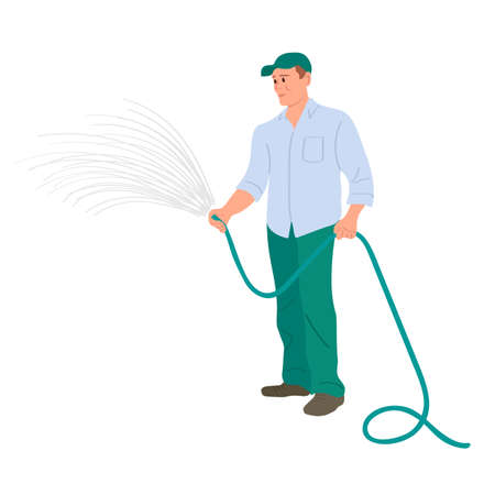 The gardener pours water from a hose, gardening work in the garden in summer. Male farmer caring for plants, hand drawn flat cartoon vector illustration.のイラスト素材