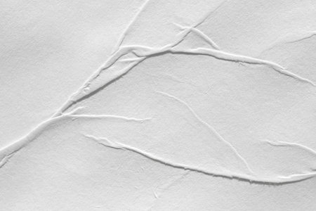 Paper white with wet effect texture, gray background for web design. Old cardboard cover template with kinks and crumpled elements.の写真素材