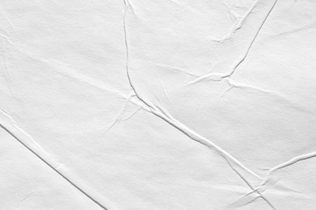Paper white with wet effect texture, gray background for web design. Old cardboard cover template with kinks and crumpled elements.の写真素材