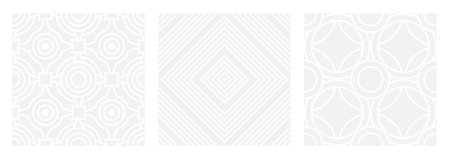 Set of seamless gray patterns of circles arcs lines to create fabric and wallpaper, easy background for Christmas card. Geometric white shapes in trendy retro style for cover decorのイラスト素材