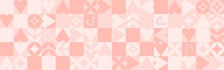 Seamless pink background for Mother's Day card template. Trendy geometric shapes with circles, squares and hearts in retro style for a Valentine's Day or wedding day cover.のイラスト素材