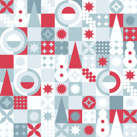 Geometric seamless pattern with winter blue patterns, Christmas trees in Scandinavian style. New Year's fashionable color pattern for textiles and wallpaper, gift design trend.のイラスト素材