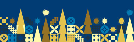 Geometric seamless pattern with winter blue patterns, Christmas trees in Scandinavian style. New Year's fashionable color pattern for textiles and wallpaper, gift design trend.のイラスト素材