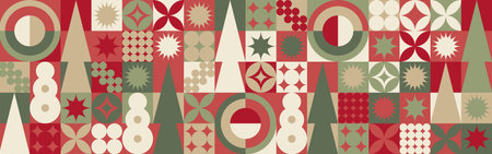 Christmas seamless pattern with winter green and burgundy figures, geometric fir trees in Scandinavian style. New Year fashionable canvas for textiles and wallpapers, gift designのイラスト素材