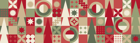 Christmas seamless pattern with winter green and burgundy figures, geometric fir trees in Scandinavian style. New Year fashionable canvas for textiles and wallpapers, gift designのイラスト素材