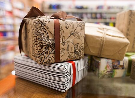 boxes decorated with craft paper and bowsの写真素材