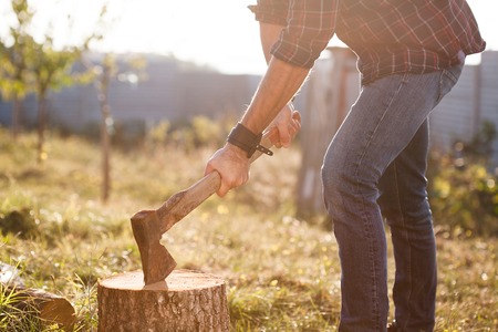 Man in jeans and shirt holding old axe on the stump.の写真素材