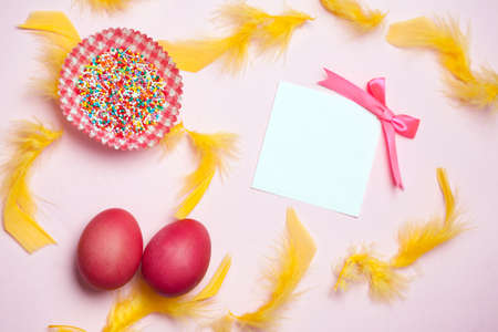 Easter eggs and decoration with card, place for your textの写真素材
