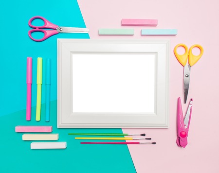 Set of school supplies on colorful background. free space for text. top view, flat lay.の写真素材