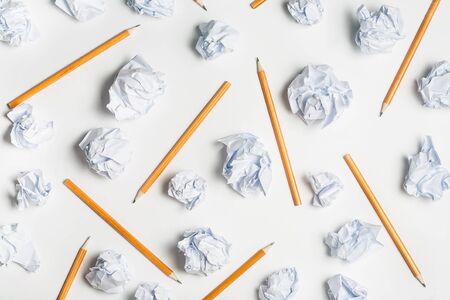 Education or business background concept: and crumpled paper ball. top view, flat layの写真素材