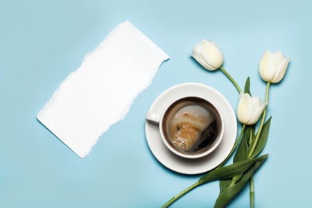 Cup of coffe and white tulips on blue background.Copyspace for text. spring coffee concept. top view, flat lay.の写真素材
