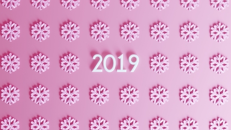New year or Christmas 3d background with 2019 and snowflakes on pink backgound.の写真素材