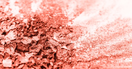 A broken colored in color of year 2019 Living Coral eye shadow make up palette. flat lay. Copy space...
